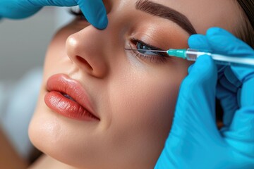Poster - A close-up shot of a person receiving an injection. This image can be used to depict healthcare, medical procedures, vaccinations, or fear of needles