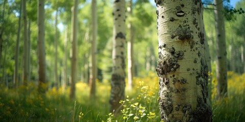 Canvas Print - A picturesque grove of birch trees with vibrant yellow flowers in the foreground. Perfect for adding a touch of nature and beauty to any project