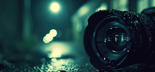 Poster - A close-up shot of a camera lying on the ground. Perfect for illustrating photography equipment or capturing a unique perspective.