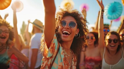 Poster - A lively gathering of people enjoying themselves at a music festival. Perfect for capturing the energetic atmosphere and excitement of live music events.