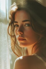Poster - A woman with long hair looking out a window. Suitable for lifestyle and introspection concepts