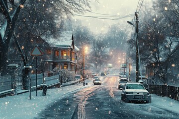 Canvas Print - A winter scene of a snowy street with cars driving down it. Perfect for winter-themed designs and advertisements