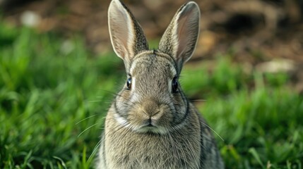 Poster - A close-up photo of a rabbit sitting in the grass. Suitable for various uses