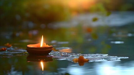 Wall Mural - a lit candle sitting on top of a body of water