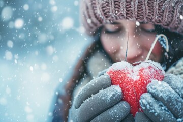 Aufkleber - A woman holding an apple in the snow. Perfect for winter-themed projects or healthy eating concepts
