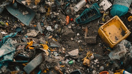 Poster - A pile of garbage with a yellow box. Can be used to depict waste management or environmental issues