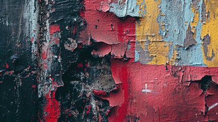 Poster - A detailed close up of peeling paint on a wall. This image can be used to depict decay, weathering, or as a background texture for design projects