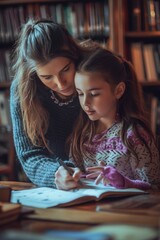 Poster - A woman assisting a young girl with a book. Suitable for educational or mentoring concepts