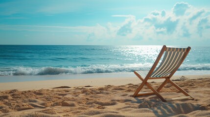 Poster - A chair sitting on top of a sandy beach next to the ocean. Perfect for beach-themed designs or vacation advertisements