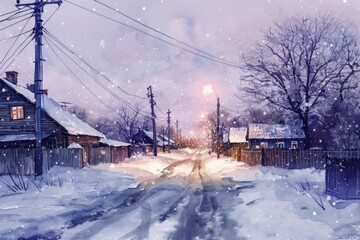 Aufkleber - A painting depicting a snow-covered street in a quaint village. Perfect for winter-themed designs or holiday greeting cards