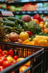 Poster - Assorted fruits and vegetables displayed in baskets. Perfect for healthy eating concepts or farm-to-table themes