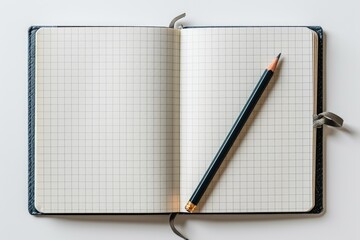 Poster - An open notebook with a pencil sticking out of it. This image can be used for office supplies, creativity, or writing-related concepts