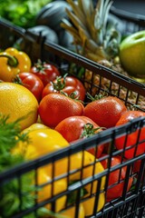 Poster - A close-up view of a basket filled with various fruits and vegetables. This image can be used to showcase healthy eating, grocery shopping, or cooking concepts