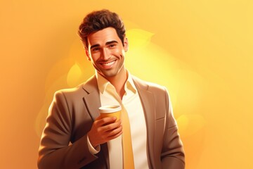 Wall Mural - Cheerful man holding coffee cup on beige background.