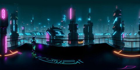 equirectangular cyberpunk city street 360 degree HDRI map