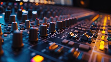 Aufkleber - A detailed view of a mixing board in a recording studio. Ideal for illustrating the process of audio mixing and production.