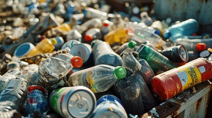 Poster - A pile of empty plastic bottles and cans. Suitable for environmental and recycling concepts