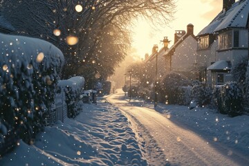 Poster - A snow-covered street in a residential area. Ideal for winter-themed projects or showcasing the beauty of a snowy neighborhood