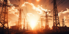 Power Lines Supply With Wire High Voltage Electric Tower With Insulators At Sunrise, Silhouette Of Electric Construction In Orange Sunlight. Electrical Industrial Distribution Line

