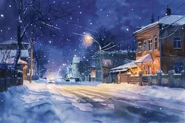 Poster - A beautiful painting depicting a snowy street at night. Perfect for adding a touch of winter charm to any space
