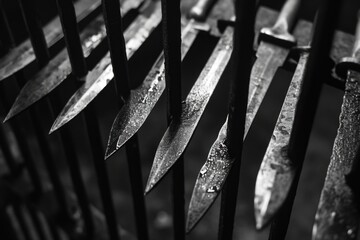 Aufkleber - A close-up photograph of a bunch of knives arranged on a fence. This image can be used to depict concepts such as danger, security, crime, or even a horror setting