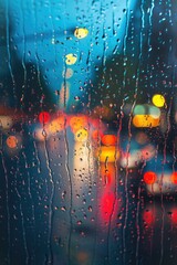 Poster - A view of a city seen through a rain-streaked window. Perfect for depicting urban life in wet weather.