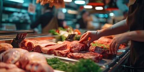 Poster - A person is picking up meat from a counter. This image can be used to showcase the process of buying fresh meat or for illustrating a butcher shop or grocery store