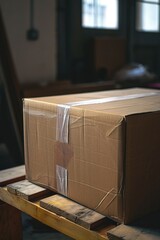 Poster - A cardboard box placed on a sturdy wooden table. Perfect for packaging, storage, or shipping purposes