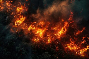 Poster - A dramatic aerial view of a fire engulfing a forest. Perfect for illustrating the destructive power of wildfires and the need for fire prevention measures.