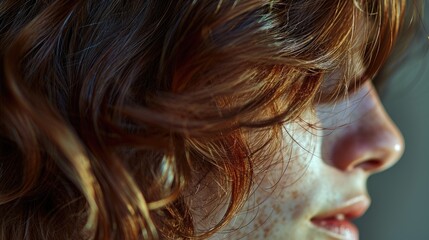 Poster - Close-up view of a woman's face with freckled hair. Versatile image suitable for various purposes