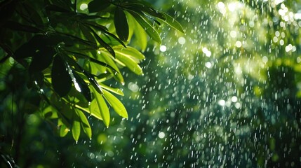 Sticker - A close-up view of a leafy tree in the rain. This image captures the beauty of nature in a rainy setting. Ideal for various uses