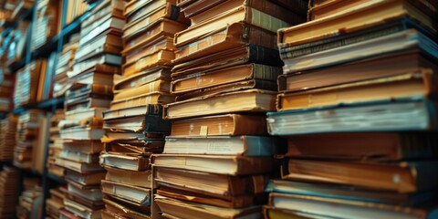 Aufkleber - A stack of books sitting on top of each other. Suitable for educational, library, or reading-related content