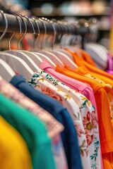 Poster - A rack of colorful shirts displayed in a clothing store. Perfect for fashion and retail-related projects