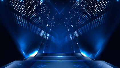 Wall Mural - abstract scene from rays of light with stairs, blue neon, spotlights.