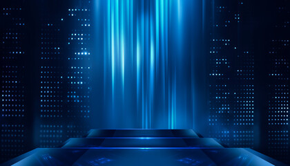 Wall Mural - abstract scene from rays of light with stairs, blue neon, spotlights.