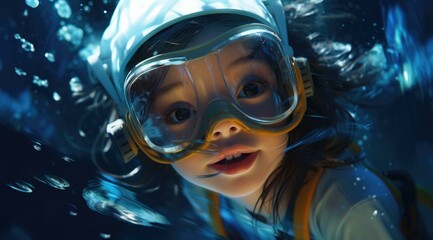 Canvas Print - A little girl wearing a diving helmet and goggles. Generative AI.