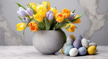 Poster - A vase with colorful tulips and eggs on a marble counter. Generative AI.