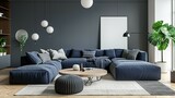 Fototapeta  - Modern living room. Two knitted pouffes near a dark blue corner sofa. Scandinavian home interior design modern living room.