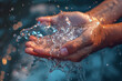 Glistening water cascades through cupped hands, life's purity captured in a dance of light and liquid