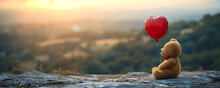 Teddy Bear With A Red Heart Shaped Balloon On Blurred Nature Background. Cute Bear Toy Holding Heart. Valentine's Day. Love And Romantic Concept