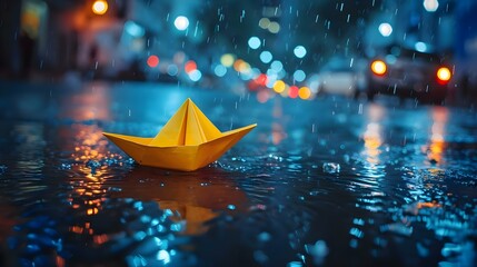 Wall Mural - a yellow paper boat floating on top of a puddle of water