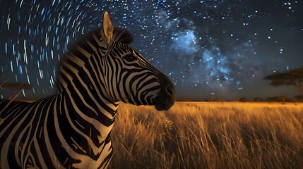 Wall Mural - a zebra standing in the middle of a field under a night sky filled with stars