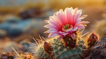 A Pink Flower On Top Of A Green Cactus