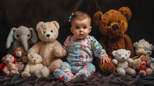 A Visually Rich Composition Featuring A Baby Girl In Themed Pajamas And Matching Slippers, Sitting Among A Collection Of Stuffed Animals, Showcasing The Innocence And Delight Of Ch