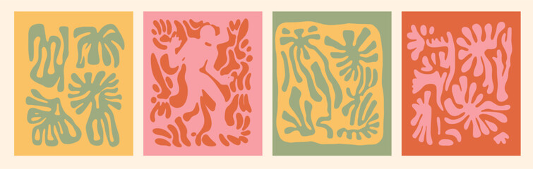 Poster - Abstract groovy botanical poster in modern trendy minimalist style. Hand drawn prints for wallpaper, wall decor, fabric, postcard, cover.