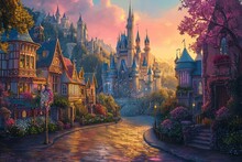 Magical Unusual Fairytale Kingdom On The Background Of Beautiful Multicolored Clouds