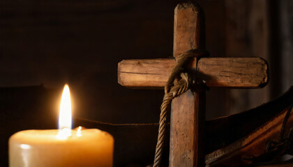 Wall Mural - An ancient wooden cross in the light of a candle. Symbol of faith and hope in the dark