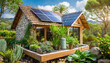 eco-friendly home with solar panels, rainwater harvesting system, and a garden featuring native plants