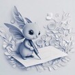 cute little critter creature writing a note or card with a pen 