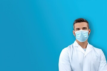 Wall Mural - Young man in medical mask on blue background. Coronavirus concept with copy space. Medical Mask. Pandemic Concept with copy space. Healthcare Concept. Epidemic Concept. Copy Space.